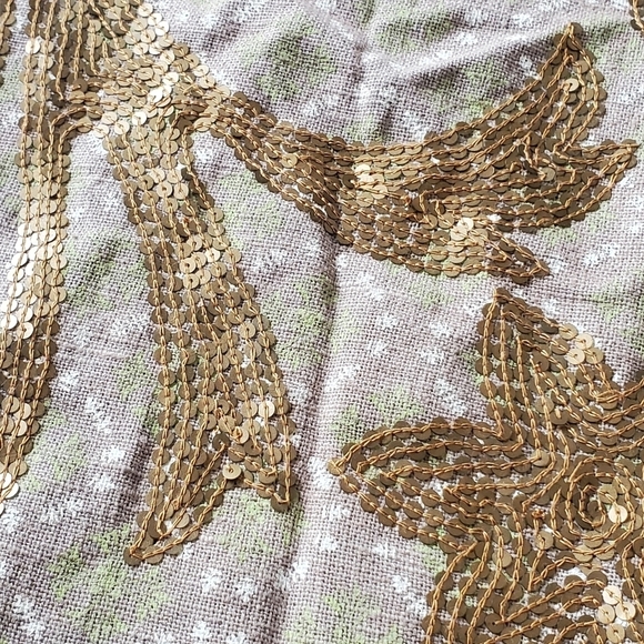 Anthropologie Linen Blend Sequin 60" Round Boho Christmas Tree Skirt Khaki Green - Picture 5 of 12